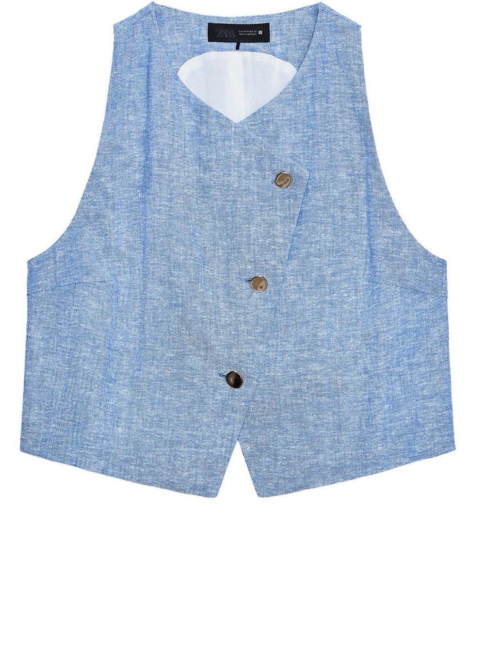 Zara Light Blue Linen Blend Sleeveless Button Front Vest